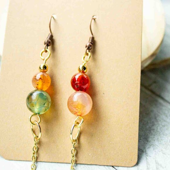 Multicolor Agate - Gold - Dangle Earrings - Picture 3 of 12